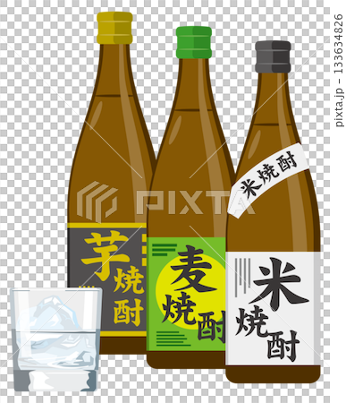 芋焼酎、麦焼酎、米焼酎とグラスのイメージイラスト 芋焼酎、麦焼酎、米焼酎とグラスのイメージイラスト 133634826