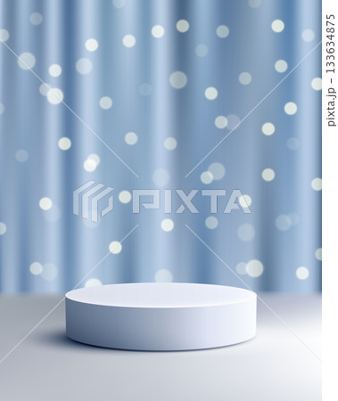 3D White Circular Product Podium on a Soft Blue Winter Background with Glowing Bokeh Lights for Elegant Cosmetic, Jewelry, or Seasonal Holiday Display and Advertising 133634875