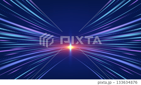 Abstract Technology Background with High Speed Blue and Purple Data Light Trails Converging to a Bright Futuristic Center Point Abstract Technology Background with High Speed Blue and Purple Data Light Trails Converging to a Bright Futuristic Center Point 133634876