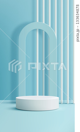 Minimalist 3D Product Display Scene with White Cylindrical Podium and Light Blue Arch for Modern Cosmetic Mockup Presentation 133634878
