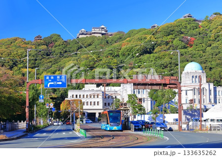 【愛媛県】快晴の松山城と愛媛県庁と伊予鉄電車 133635262