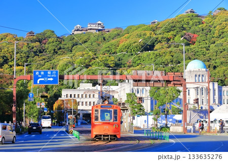 【愛媛県】快晴の松山城と愛媛県庁と伊予鉄電車 【愛媛県】快晴の松山城と愛媛県庁と伊予鉄電車 133635276