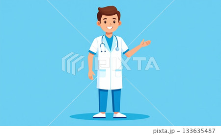 看護師が笑顔で案内するイラスト、清潔感、青背景 133635487