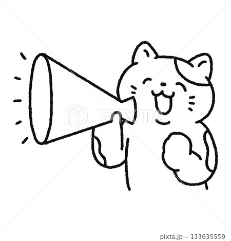 メガホンを持った笑顔の猫　線画 133635559