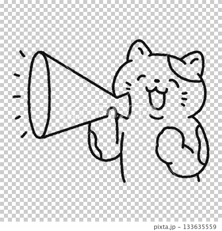 メガホンを持った笑顔の猫　線画 133635559