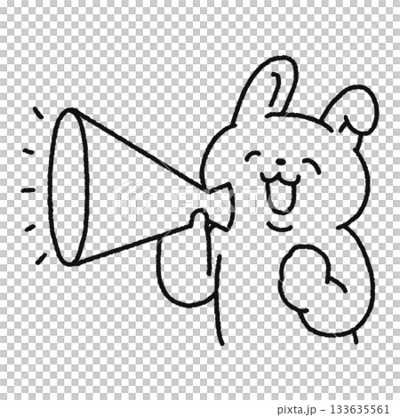 一隻微笑的兔子拿著擴音器（線條畫） 133635561