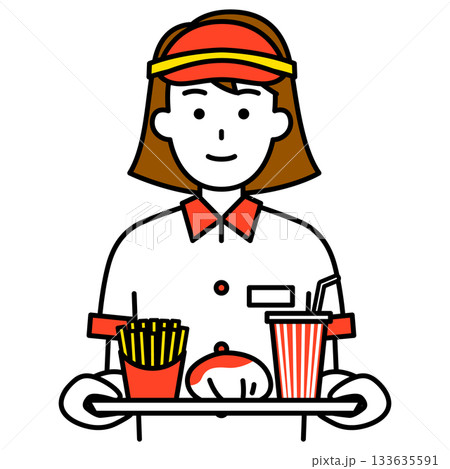 ハンバーガーセットを運ぶファストフード店の女性店員 133635591