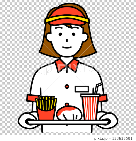 ハンバーガーセットを運ぶファストフード店の女性店員 133635591