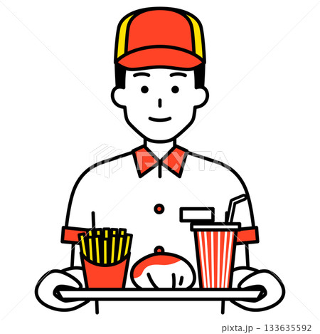 ハンバーガーセットを運ぶファストフード店の男性店員 133635592