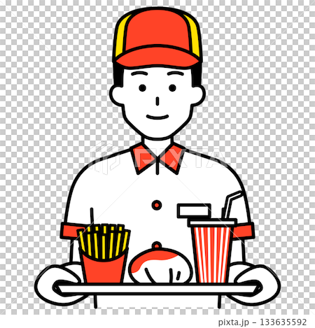 快餐店的一名男性員工拿著一套漢堡套餐 133635592