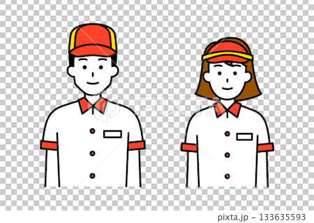 Set of male and female fast food restaurant staff facing forward 133635593