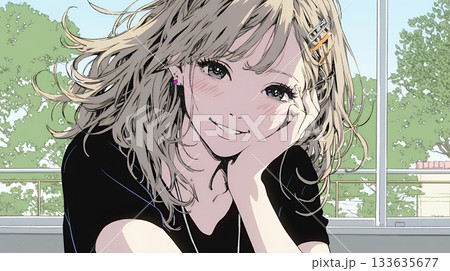 頬を赤らめて、照れ笑いする若い女性