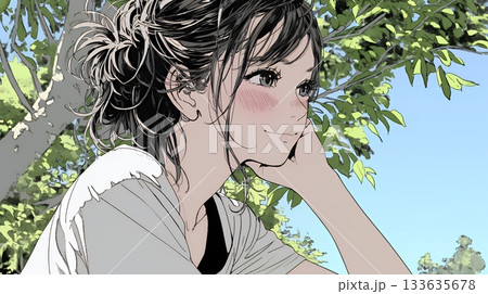 頬を赤らめて、照れ笑いする若い女性