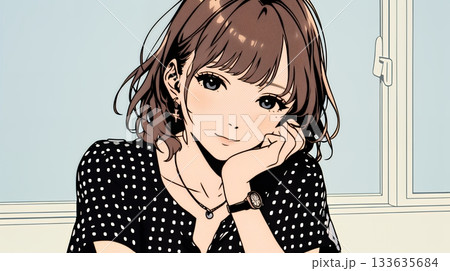 頬を赤らめて、照れ笑いする若い女性