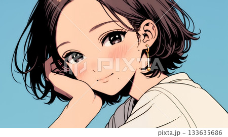 頬を赤らめて、照れ笑いする若い女性