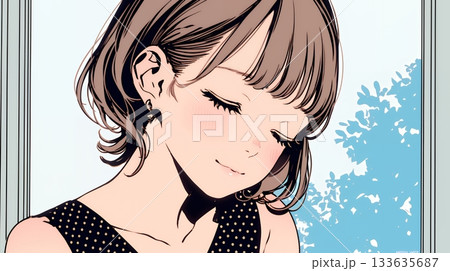 頬を赤らめて、照れ笑いする若い女性