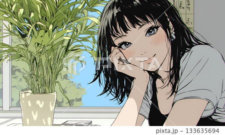 頬を赤らめて、照れ笑いする若い女性