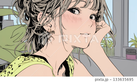 頬を赤らめて、照れ笑いする若い女性