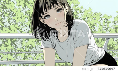 頬を赤らめて、照れ笑いする若い女性