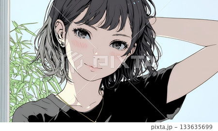 頬を赤らめて、照れ笑いする若い女性