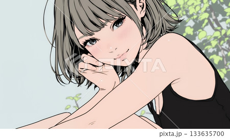 頬を赤らめて、照れ笑いする若い女性