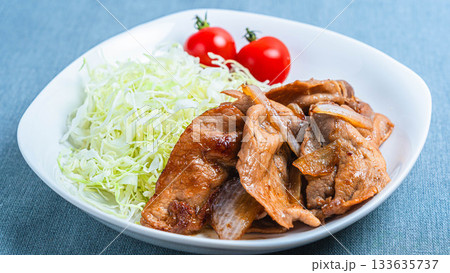 生姜焼きと千切りキャベツの盛り付け 133635737