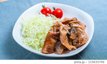 生姜焼きと千切りキャベツの盛り付け 133635740