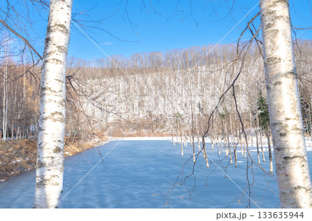 北海道の冬絶景　冬の晴れた日の青い池 133635944