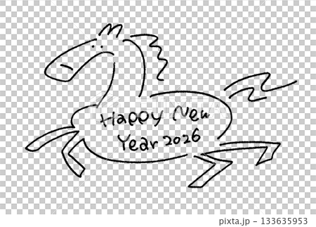 HAPPY NEW YEAR 2026 message on a running horse - loose line drawing 133635953