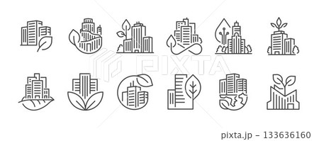 Green city icon set. It includes green building, building, urban, eco friendly, modern, and more icons. Green city icon set. It includes green building, building, urban, eco friendly, modern, and more icons. 133636160