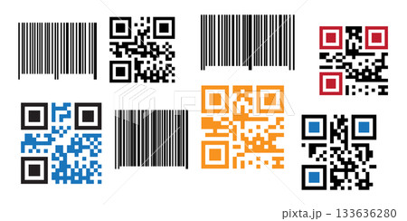 Diverse Barcode and Multi-Color QR Code Set - Digital Product Identification Icons. 133636280