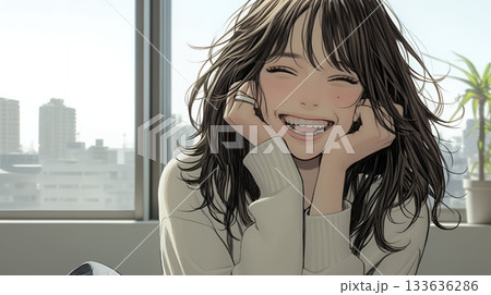 声をあげて大笑いする若い女性