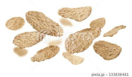 Rice flakes levitate on a white background 133636481