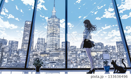 高層ビル群を見下ろすキャリア女性