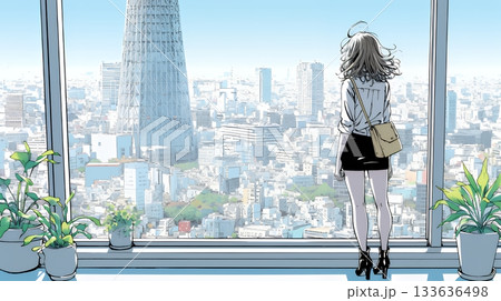 高層ビル群を見下ろすキャリア女性