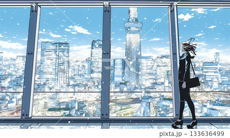 高層ビル群を見下ろすキャリア女性