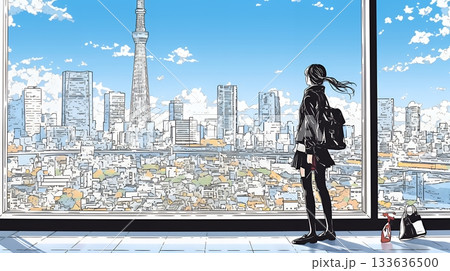 高層ビル群を見下ろすキャリア女性