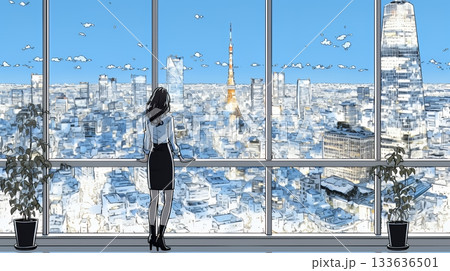 高層ビル群を見下ろすキャリア女性