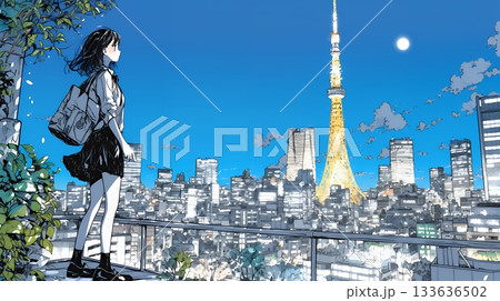 高層ビル群を見下ろすキャリア女性