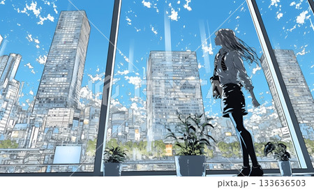 高層ビル群を見下ろすキャリア女性
