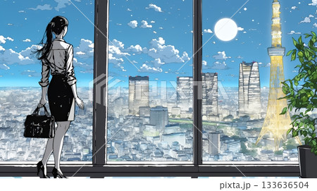 高層ビル群を見下ろすキャリア女性