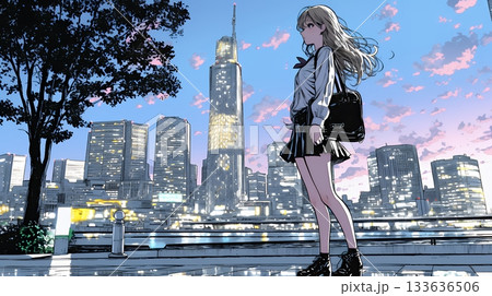 高層ビル群を見下ろすキャリア女性