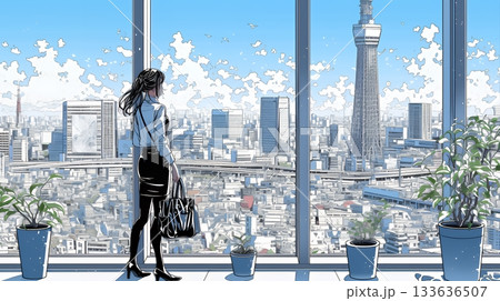 高層ビル群を見下ろすキャリア女性