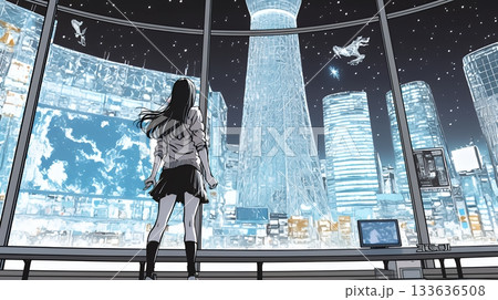高層ビル群を見下ろすキャリア女性