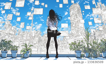 高層ビル群を見下ろすキャリア女性