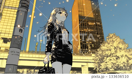 高層ビル群を見下ろすキャリア女性