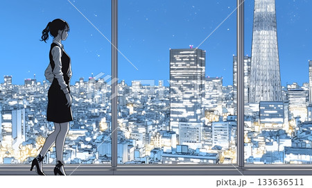 高層ビル群を見下ろすキャリア女性