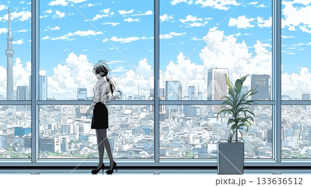 高層ビル群を見下ろすキャリア女性