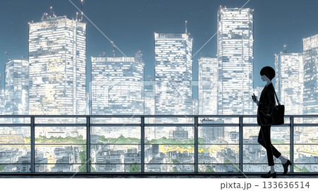 高層ビル群を見下ろすキャリア女性