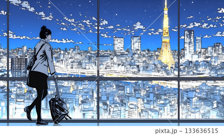 高層ビル群を見下ろすキャリア女性